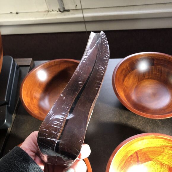 7 Piece Salad Set Cherrywood Large Wavy Salad Bowl with Servers 4 Indiv Bowls - Picture 7 of 14